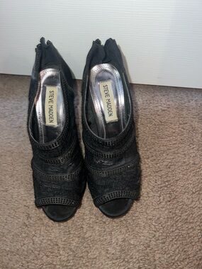 Steve Madden Black Lace Peep-Toe Heels with Studded Trim